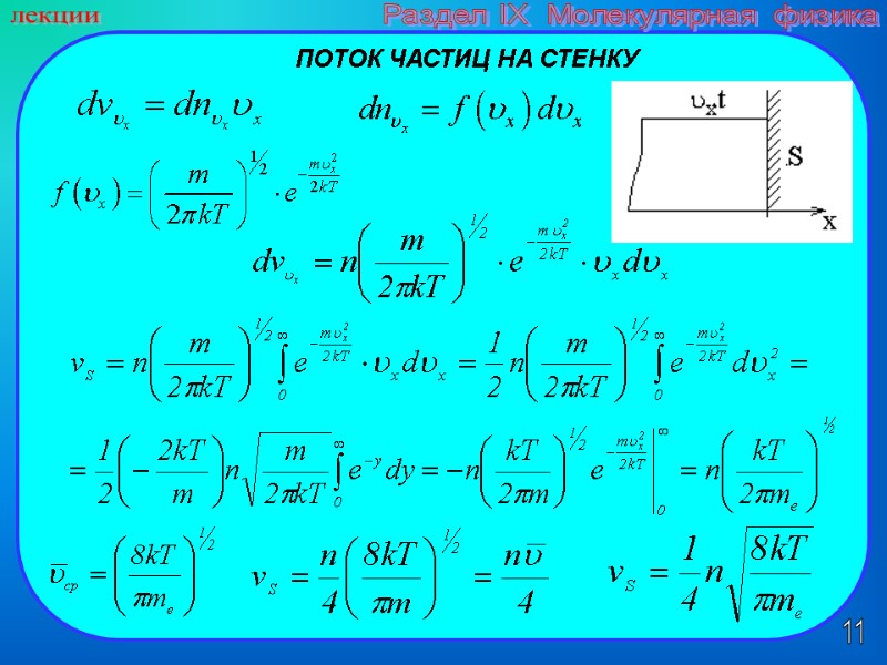 11 лекции Раздел IX  Молекулярная физика ПОТОК ЧАСТИЦ НА СТЕНКУ